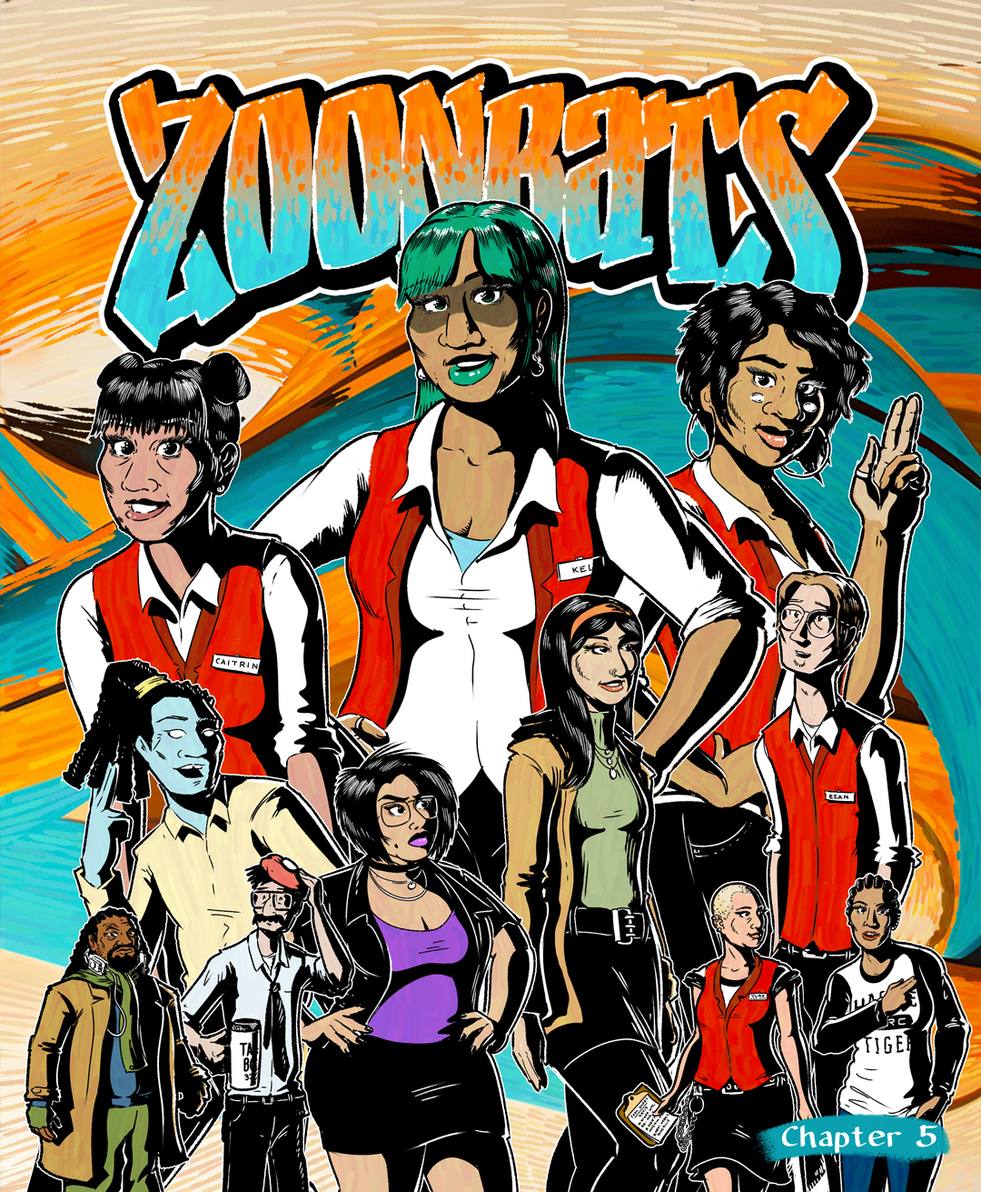 A thumbnail image of the cover of Chapter 5, depicting the ensemble cast of crew members at the Belladonna Theatre: Caitrin, Kel, Bloom, Pazil, Nora, Marli, Esan, Murray, and Yura, as well as the community members Dieko and Kina who live and work nearby.
