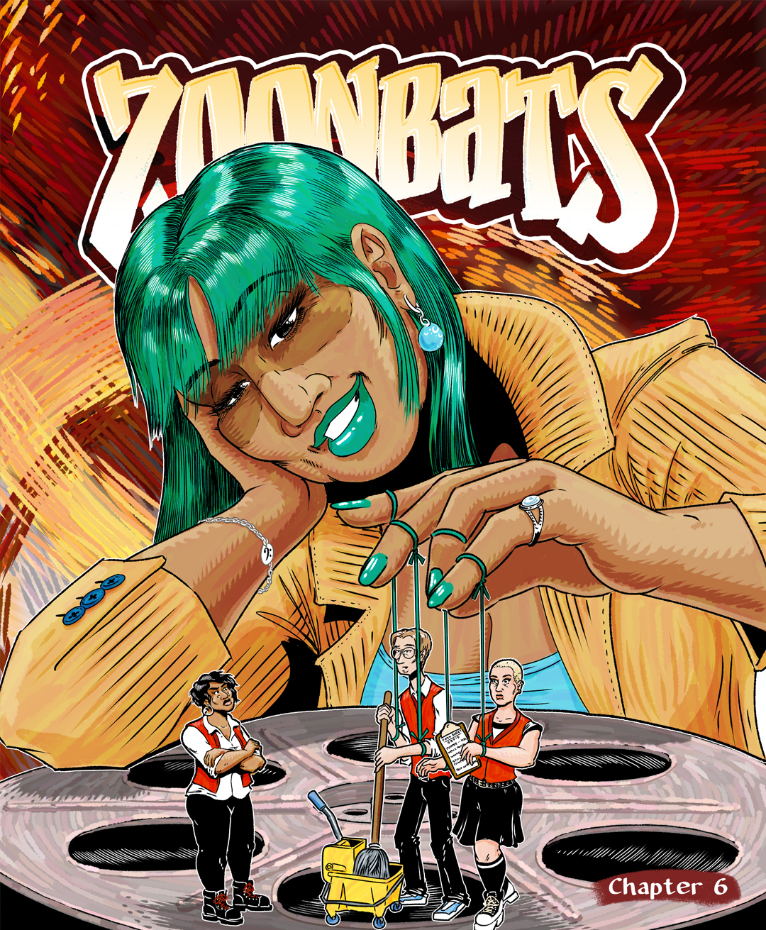 A thumbnail image of the cover of Chapter 6, depicting the Kel Cole smiling serenely as she uses marionette strings to manipulate miniature versions of her co-workers Esan and Yura while Bloom looks up disapprovingly.
