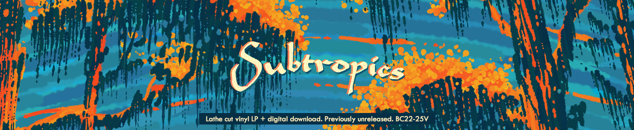 A header image for Subtropics showing a detail of the album cover with the canopies of cypress trees in stylized orange and cerulean