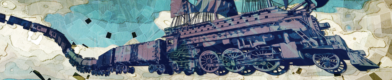 A detail from the inner sleeve of the album showing a flying steam locomotive with rigging and masts like a galleon in front of a stylized background sky with clouds