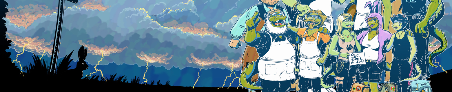 Banner image showing a detail of the cover of Zoonbats Chapter 7, depicting an ensemble of people that Murray and Wayne encounter at the Superknights Travel Center and Cafe Kuranai.