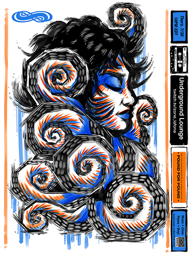 An image of the cover design for an album called Subtropics, showing an energetic illustration of a stand of cypress trees in a swamp. Half-submerged in the water is a boombox.