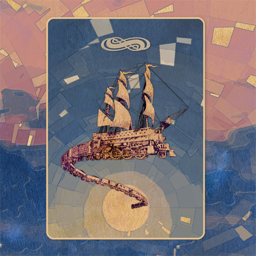 An image of the cover design for the Timezone LaFontaine album On the Move, Searching All the Time, featuring a flying train with the masts and sails of a galleon