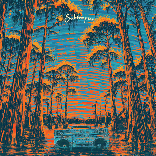An image of the cover design for an album called Subtropics, showing an energetic illustration of a stand of cypress trees in a swamp. Half-submerged in the water is a boombox.